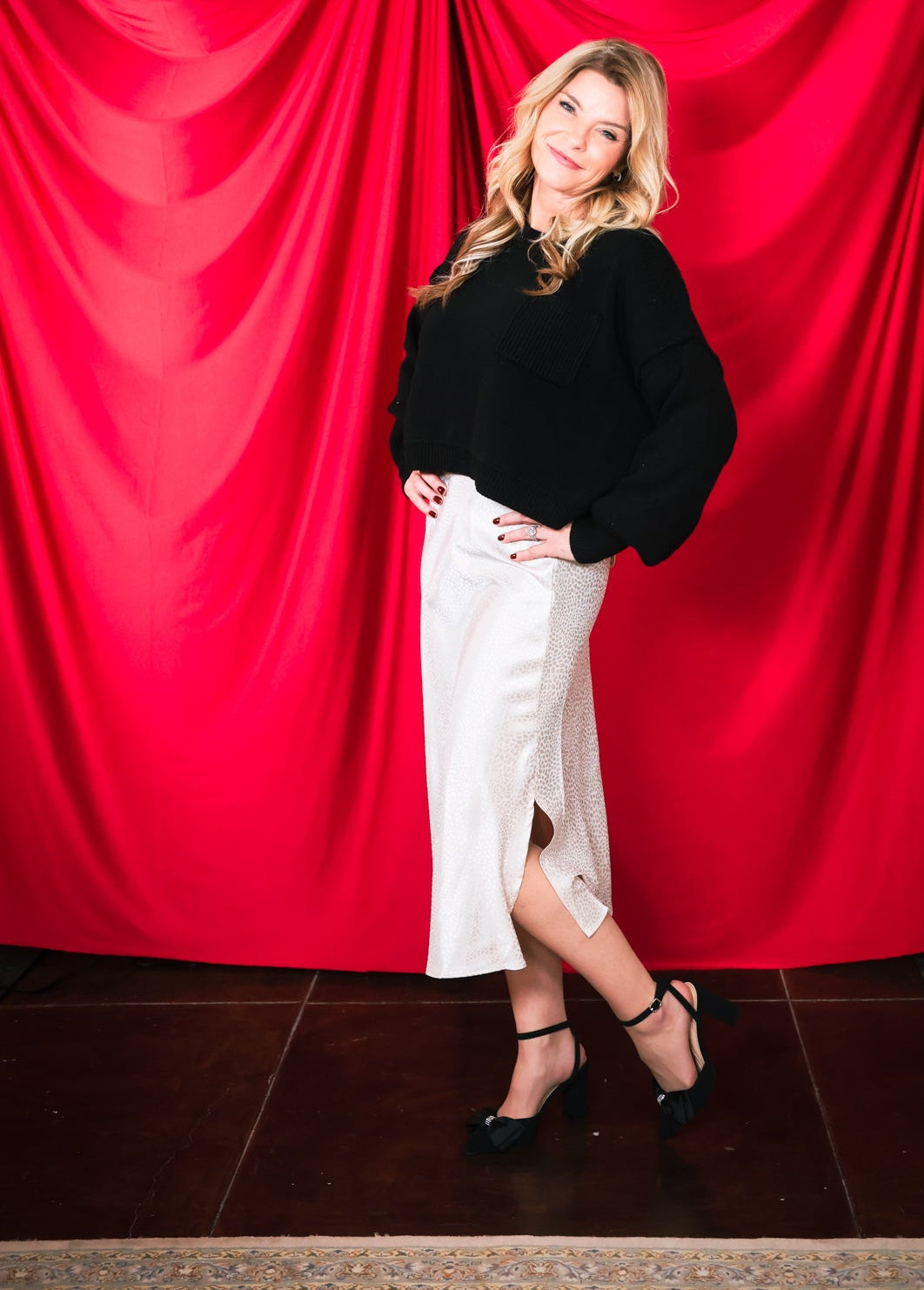 Animal Satin Jacquard Print Elastic Waist Midi Skirt with Slits