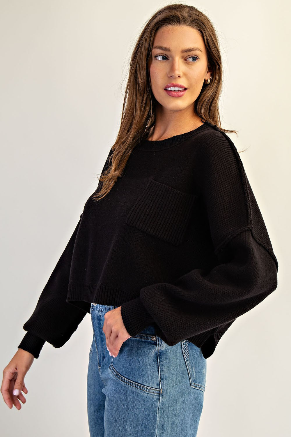 Black Cropped Pocket Sweater