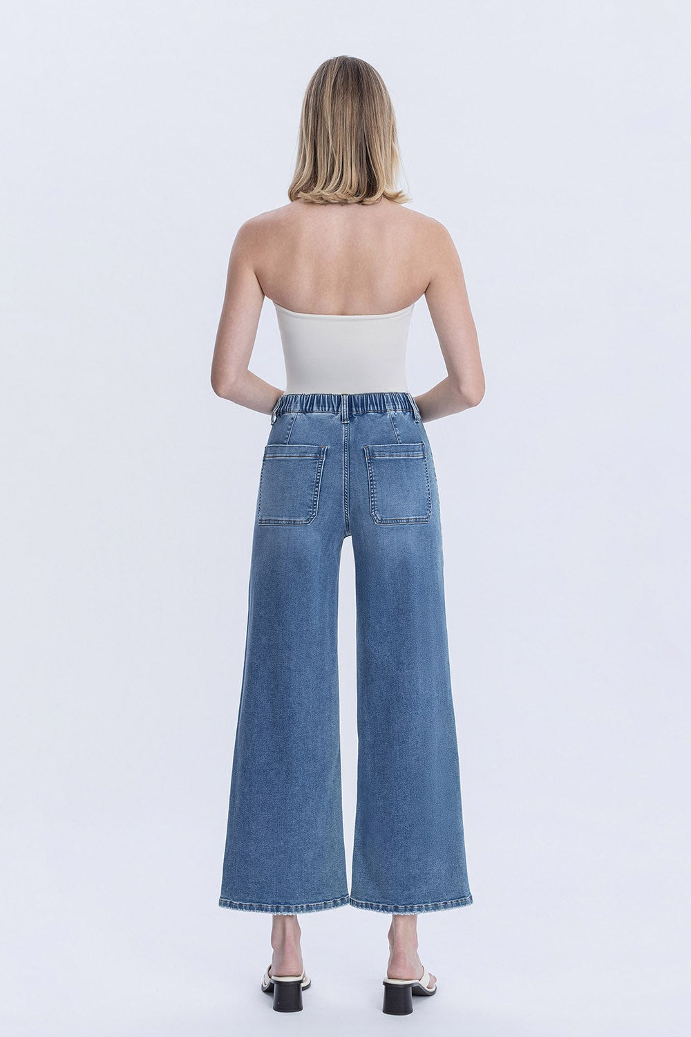 High Rise Elastic Waistband Ankle Baggy Wide Jeans