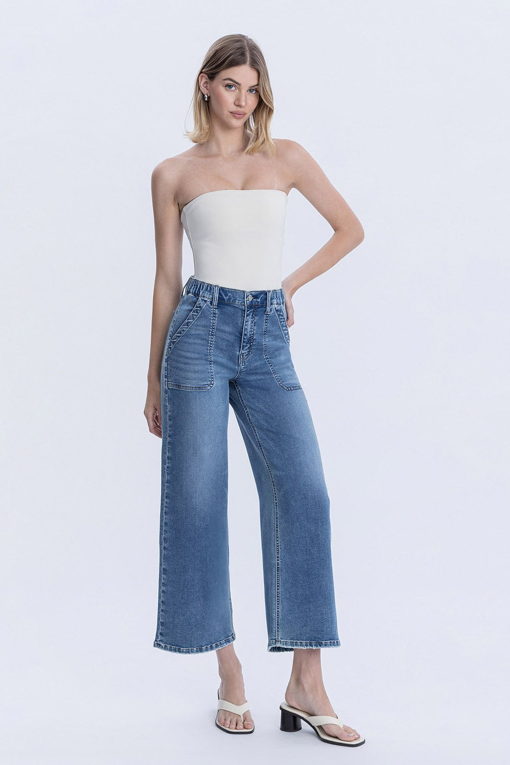 High Rise Elastic Waistband Ankle Baggy Wide Jeans