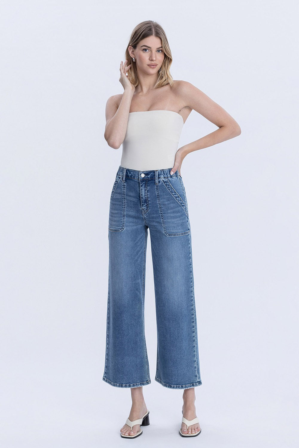 High Rise Elastic Waistband Ankle Baggy Wide Jeans