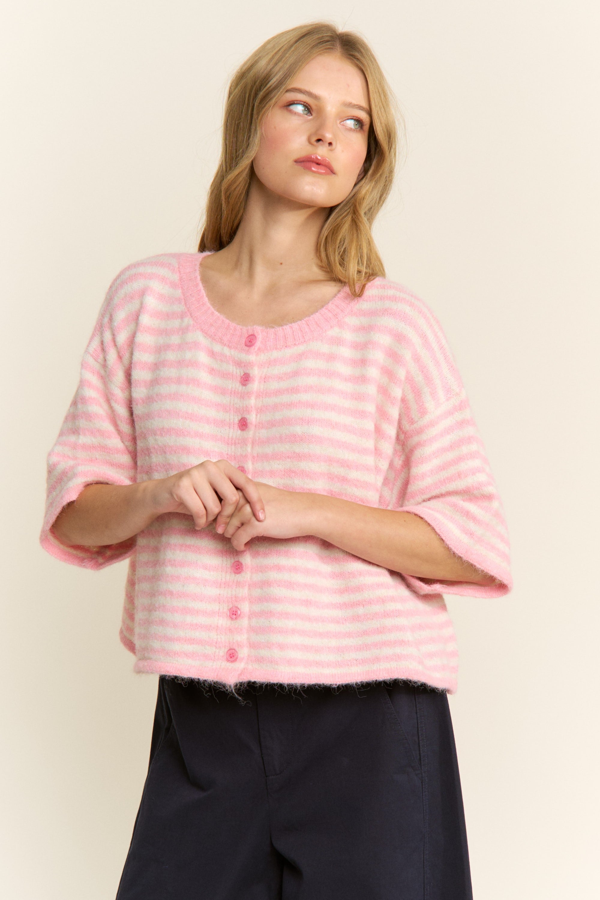 Striped Cropped Soft Knit Cardigan - Lou Cardigan