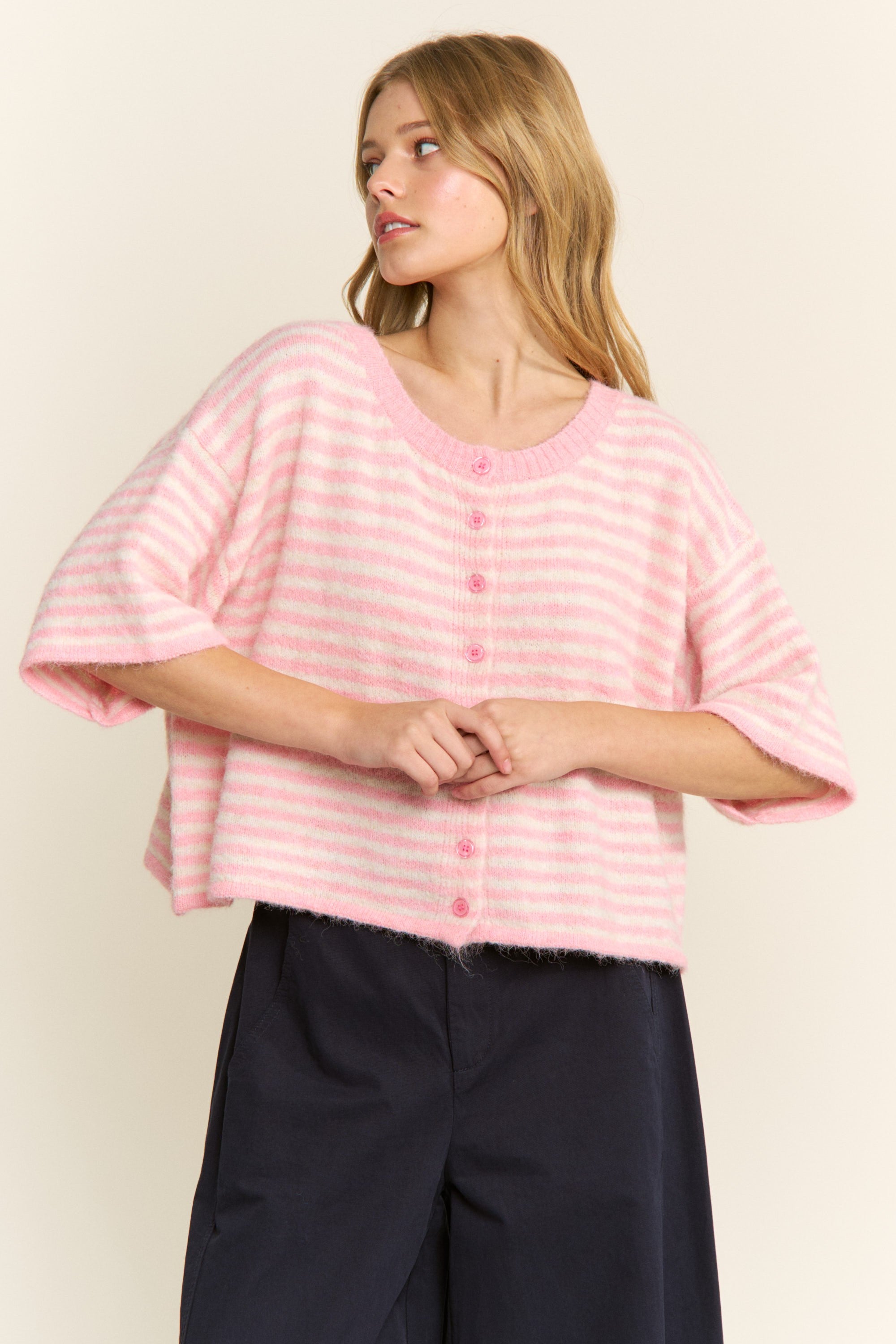 Striped Cropped Soft Knit Cardigan - Lou Cardigan