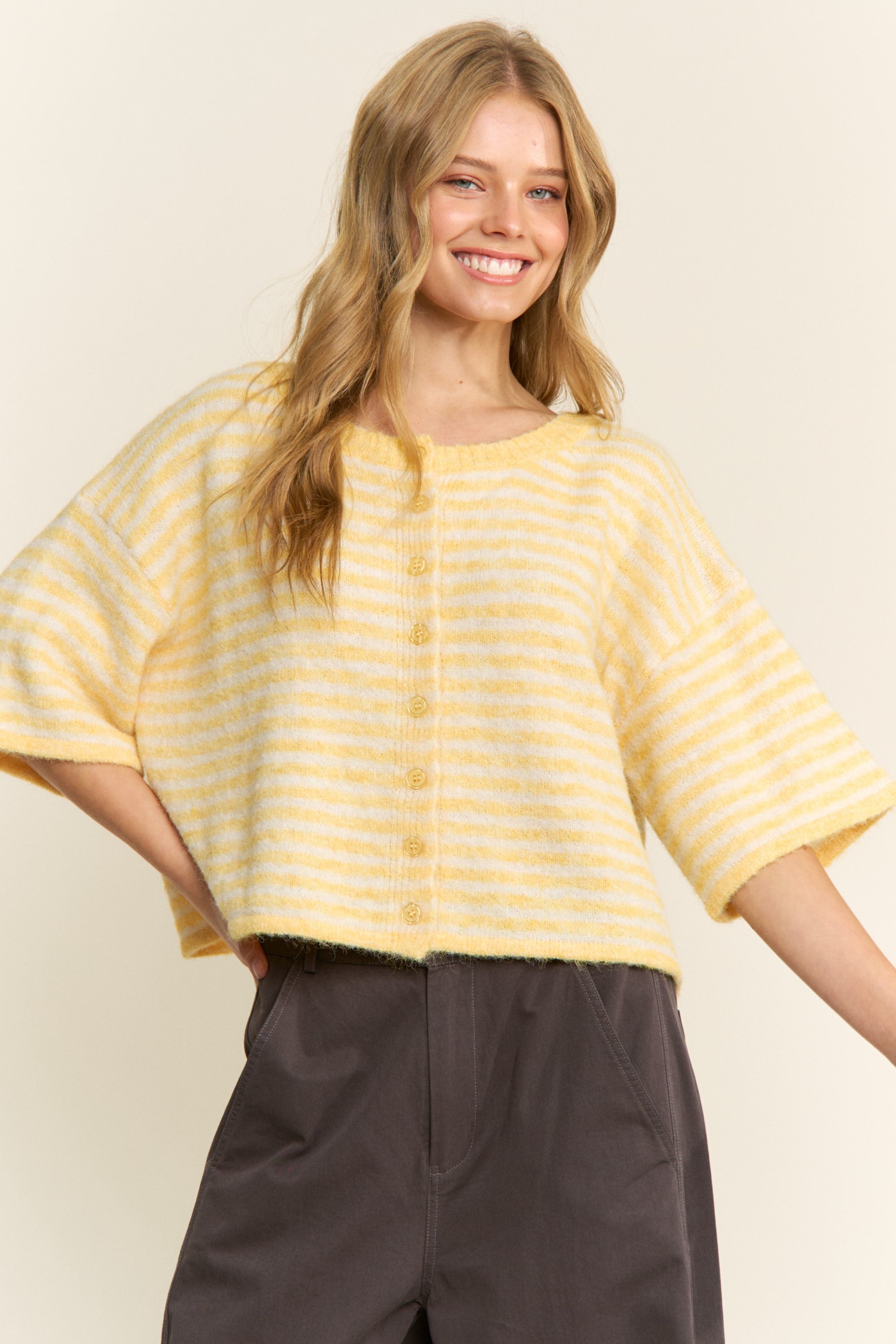 Striped Cropped Soft Knit Cardigan - Lou Cardigan