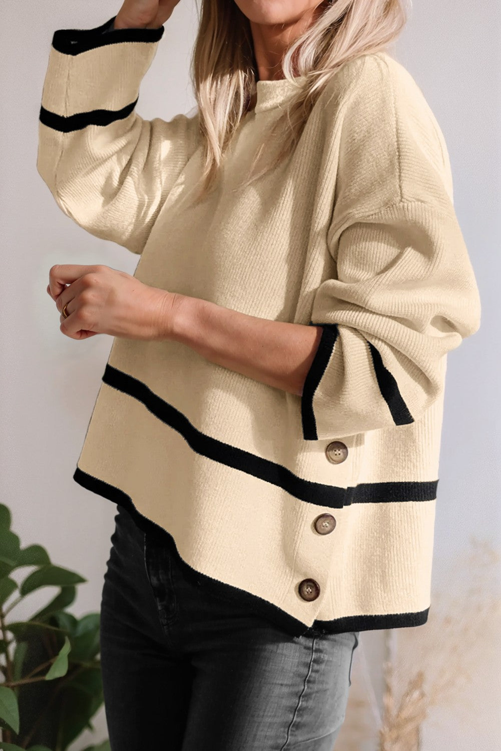 Cream Block Sweater With Side Buttons