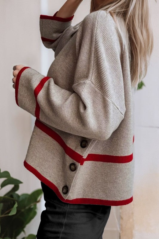 Contrasted Stripe Detail Button Side Loose Sweater