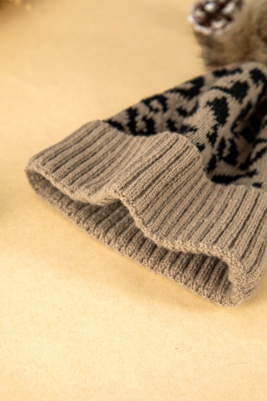 Faux Fur Pompom Leopard Knit Beanie