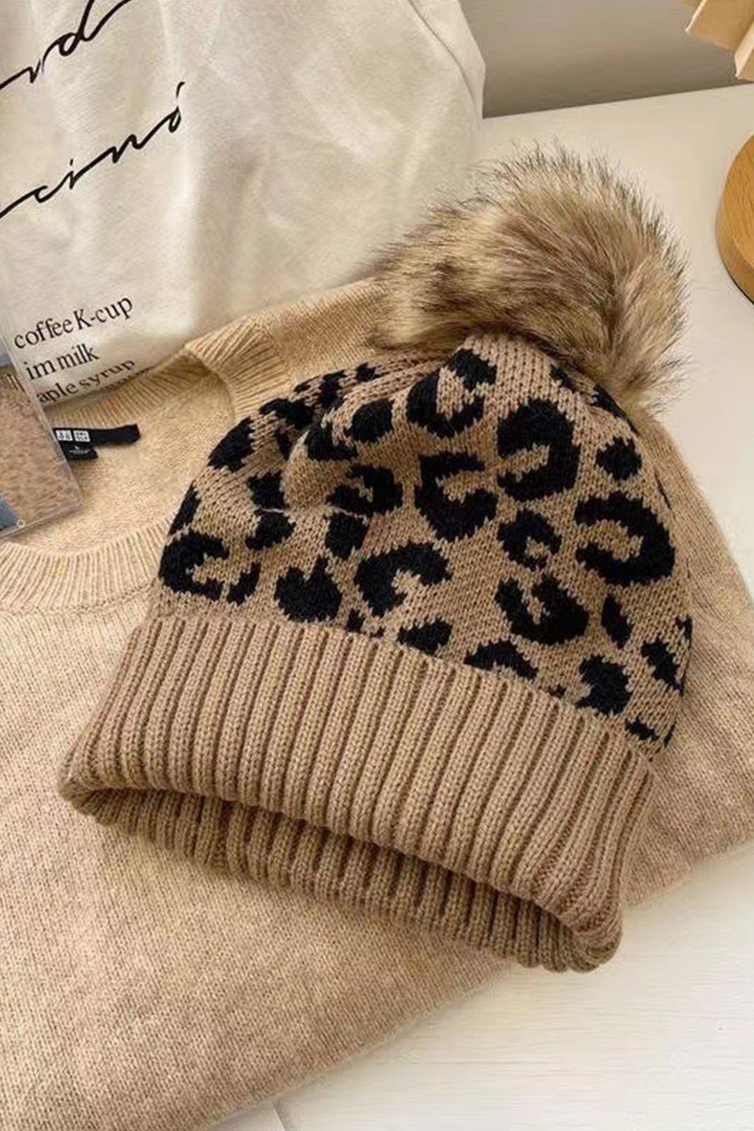 Faux Fur Pompom Leopard Knit Beanie