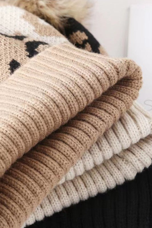 Faux Fur Pompom Leopard Knit Beanie