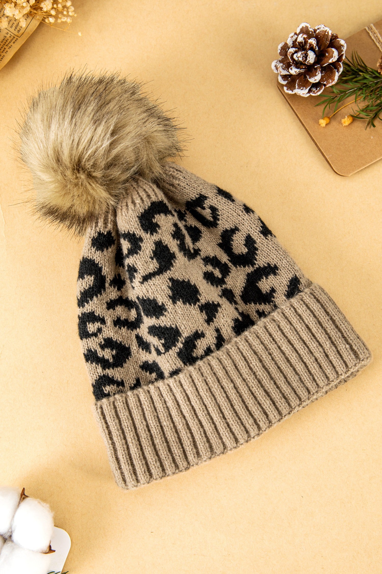 Faux Fur Pompom Leopard Knit Beanie