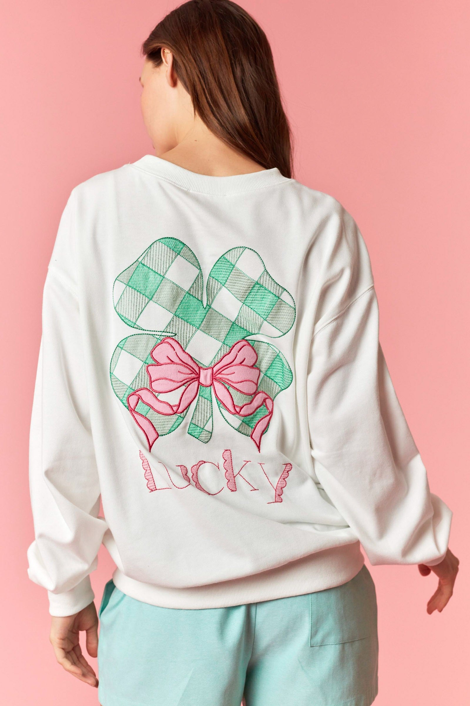 Lucky Front Embroidery Checker Clover Sweatshirt