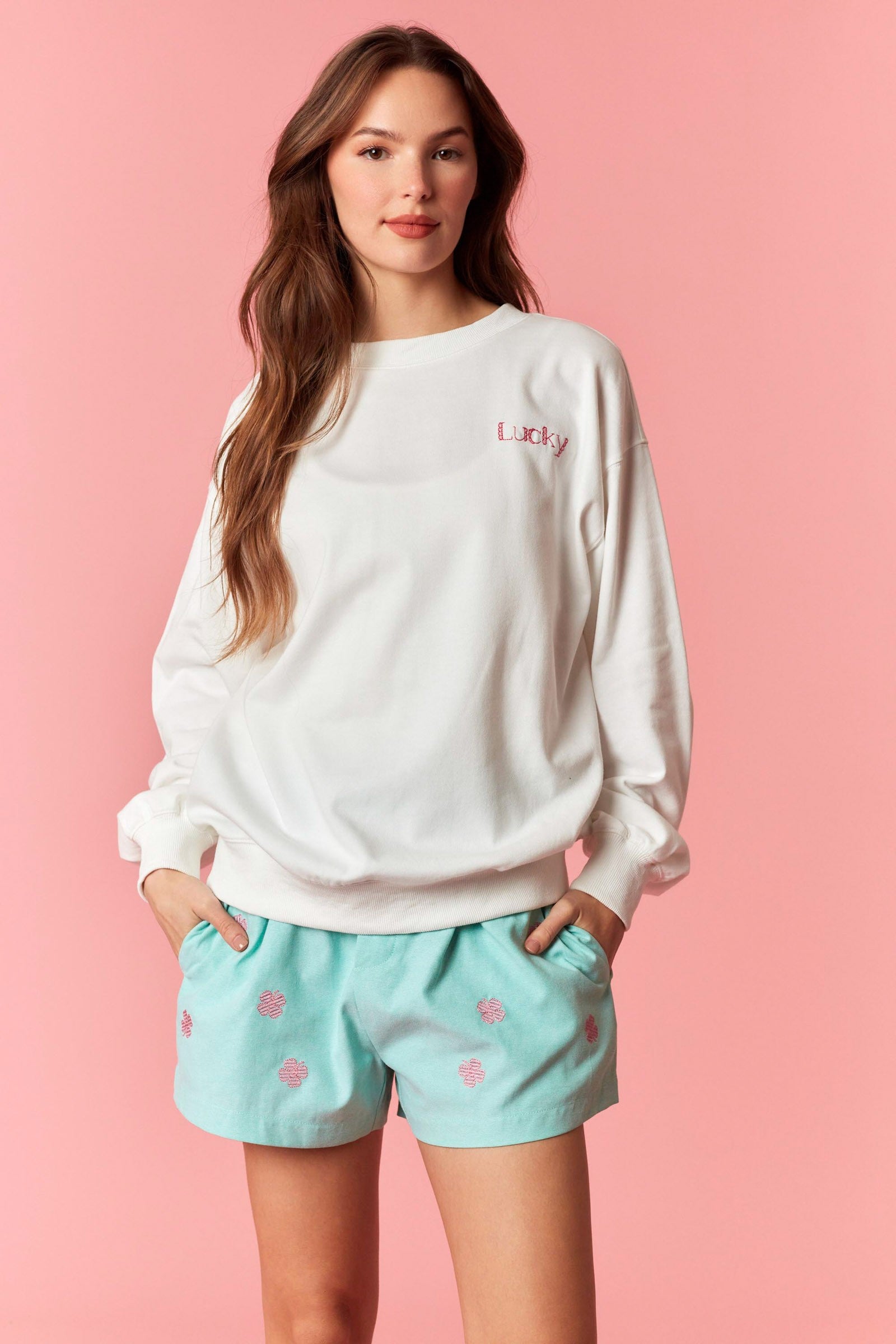 Lucky Front Embroidery Checker Clover Sweatshirt