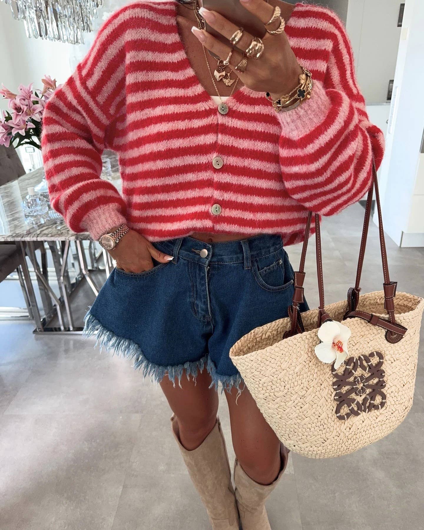 Slouchy Color Block V-Neck Striped Knit Cardigan