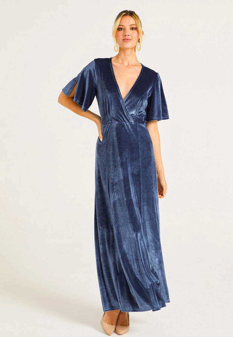 Velvet Flutter Sleeve Faux Wrap Dress with Slit in Grey