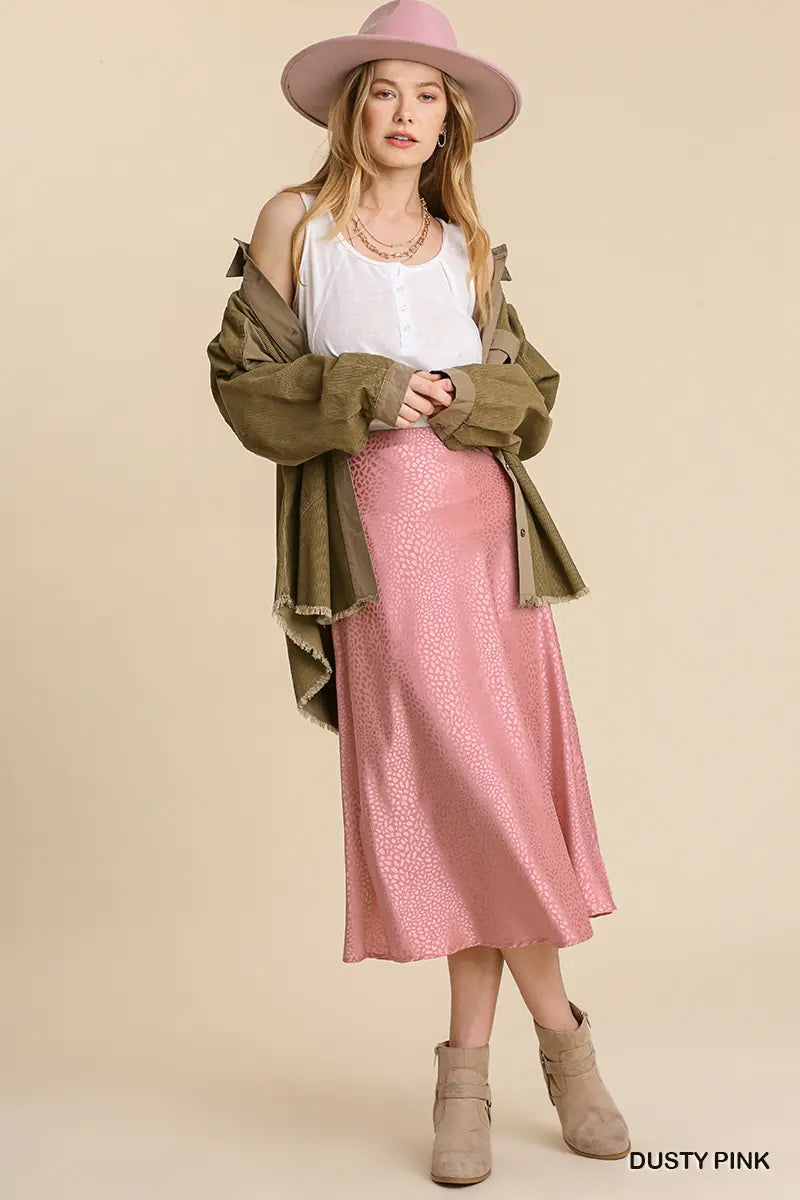 Animal Satin Jacquard Print Elastic Waist Midi Skirt with Slits