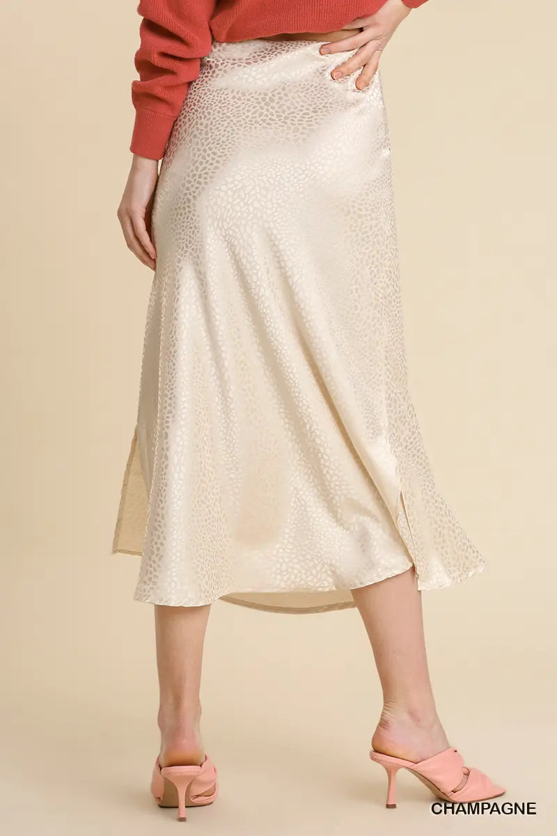 Animal Satin Jacquard Print Elastic Waist Midi Skirt with Slits