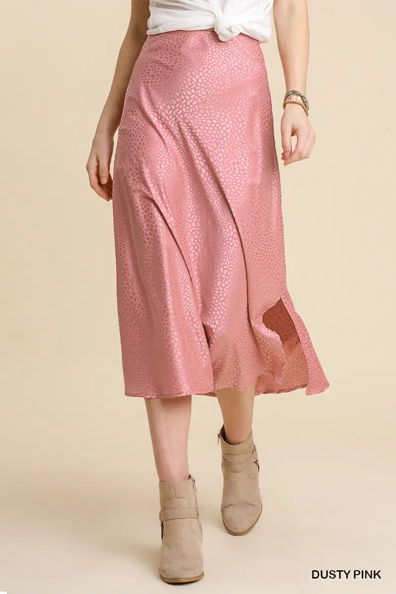 Animal Satin Jacquard Print Elastic Waist Midi Skirt with Slits