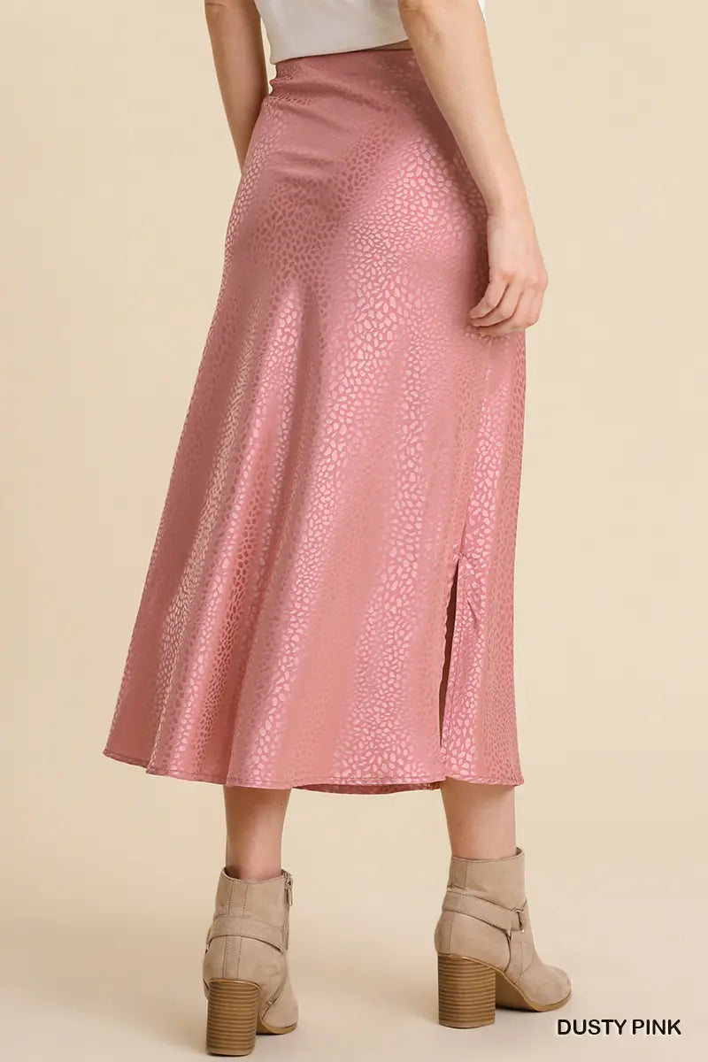 Animal Satin Jacquard Print Elastic Waist Midi Skirt with Slits