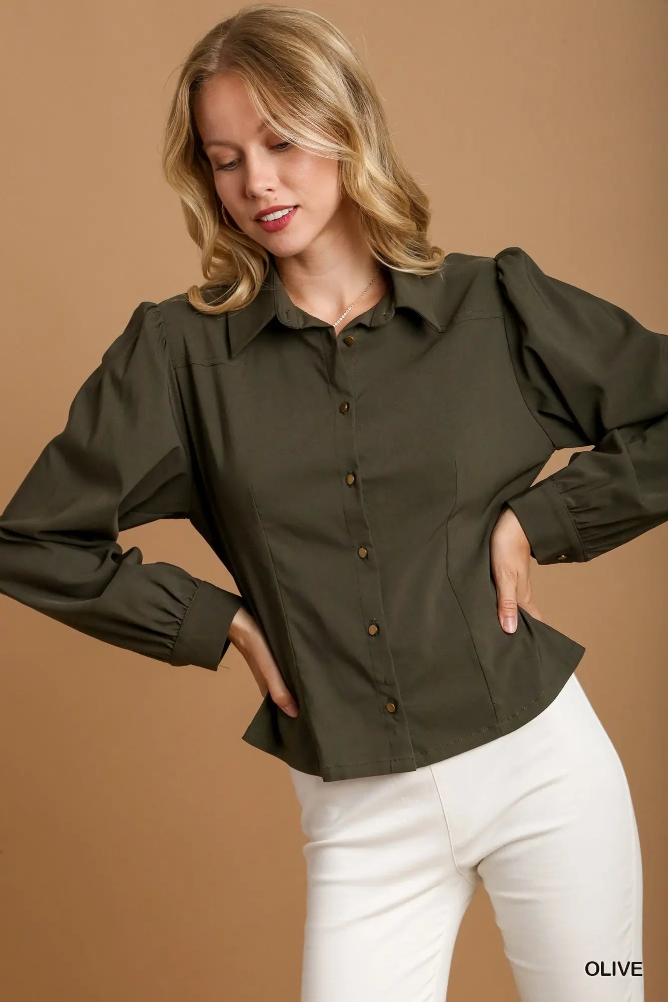 Solid Collared Button Down Shirt with Pockets & Stitch Details