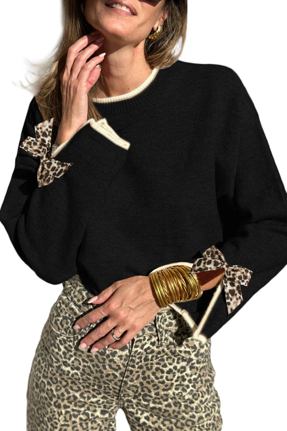 Tan Leopard Bow Decor Split Cuff Contrast Trim Sweater