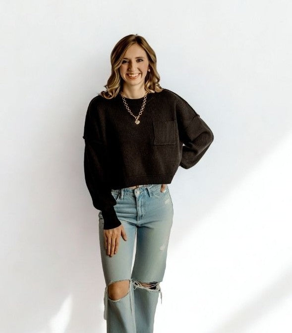 Black Cropped Pocket Sweater