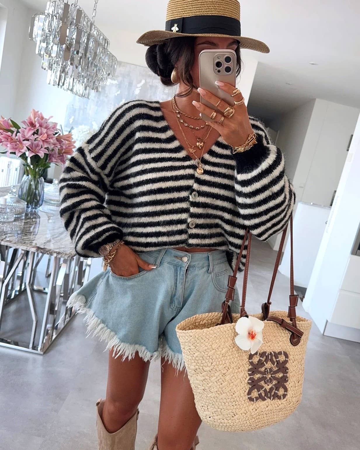 Slouchy Color Block V-Neck Striped Knit Cardigan