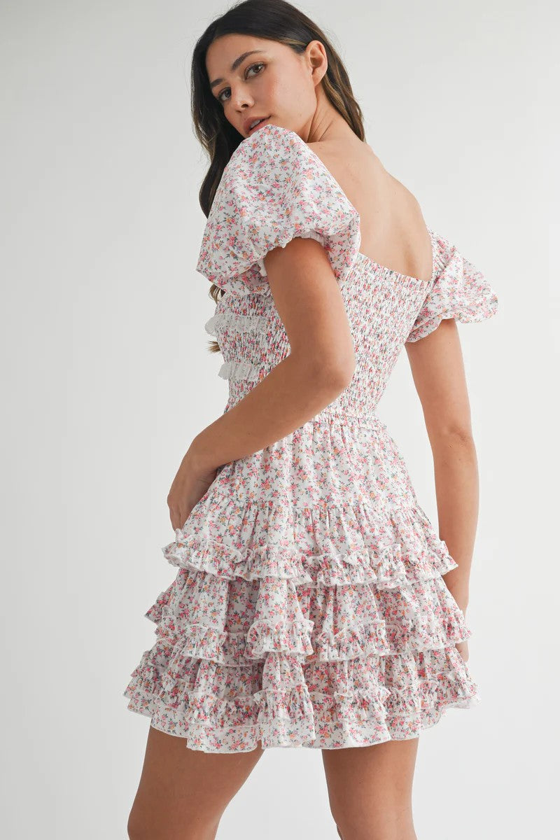 SABRIEL FLORAL LACE TRIM MINI DRESS WITH SKIRT RUFFLE