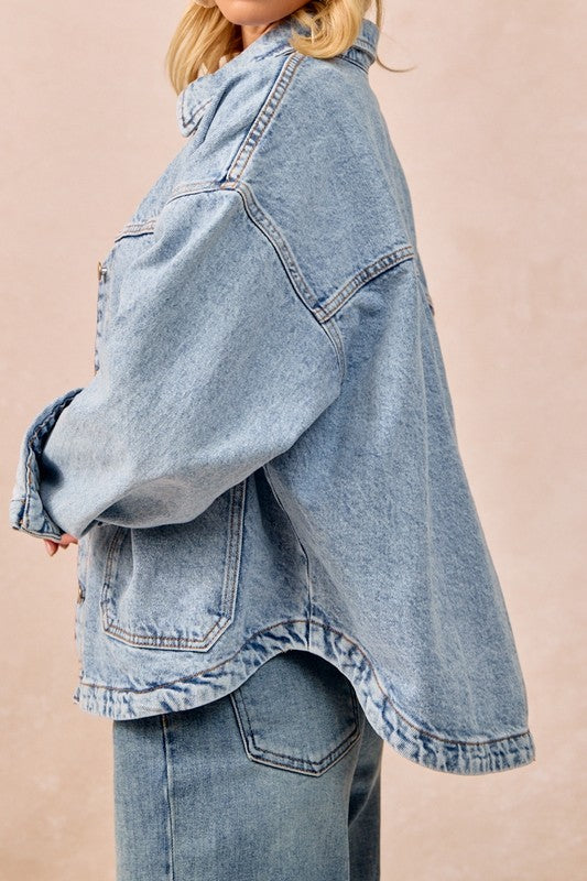 Washed Denim Jacket With Double Pocket Back Pleat