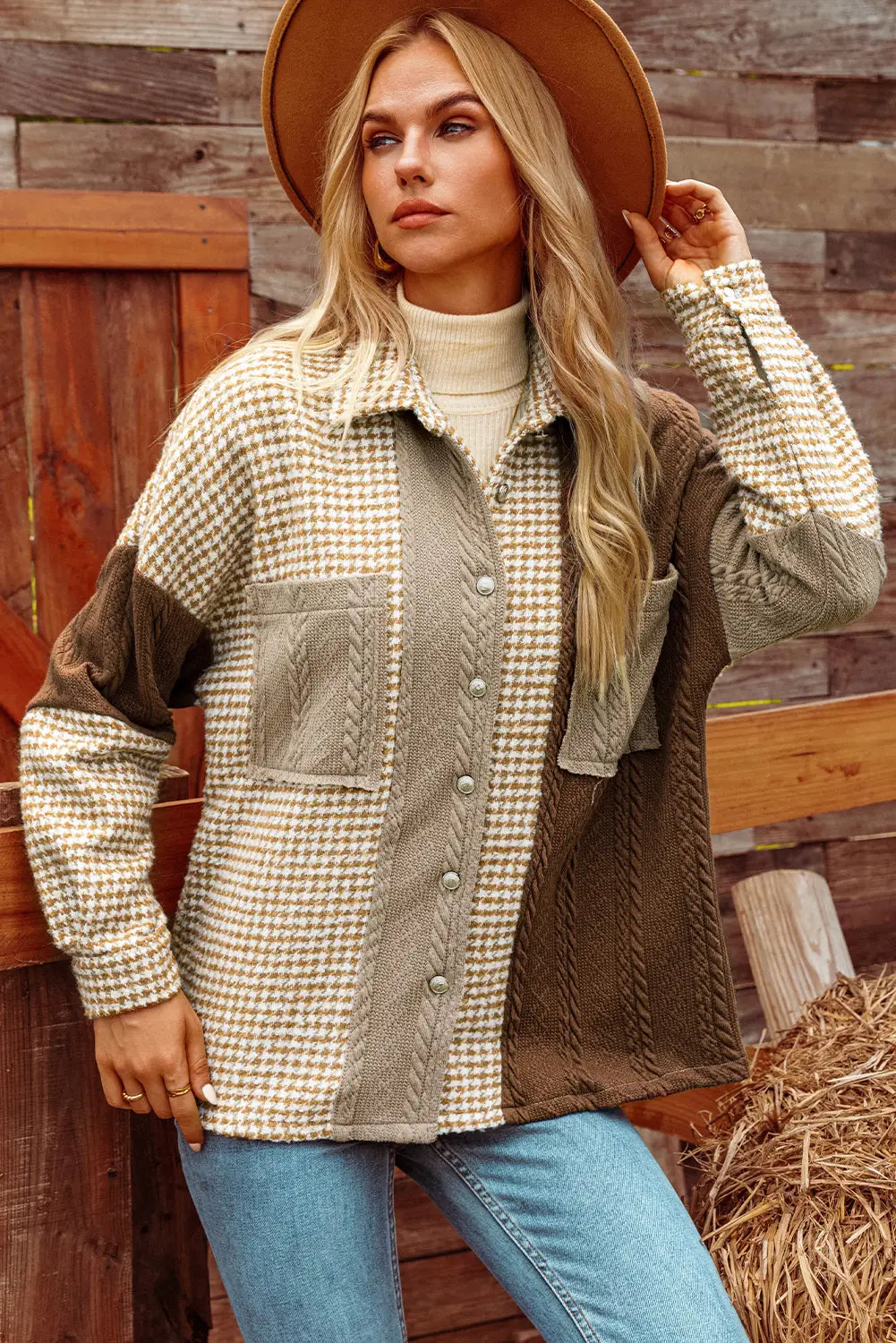 Houndstooth Contrast Texture Patchwork Loose Shacket