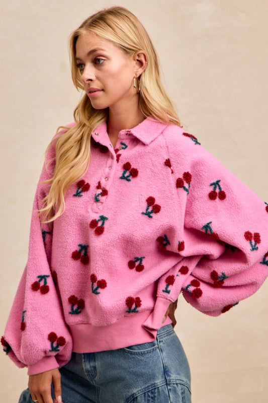 Cherry Patterned Sherpa Snap Buttoned Top
