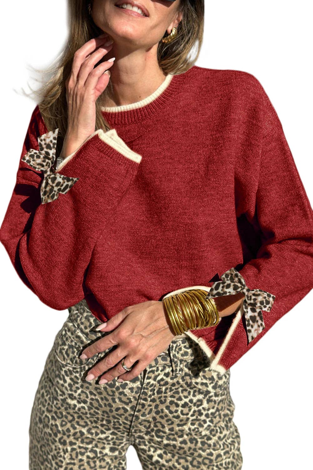 Tan Leopard Bow Decor Split Cuff Contrast Trim Sweater