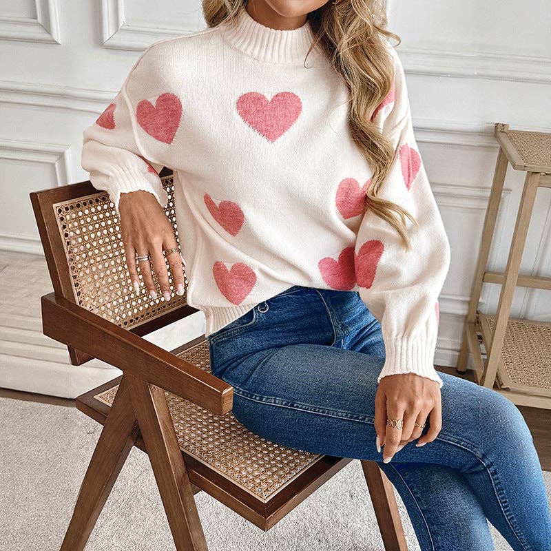 Pink Heart Knit Sweater Half Turtleneck Casual Pullover