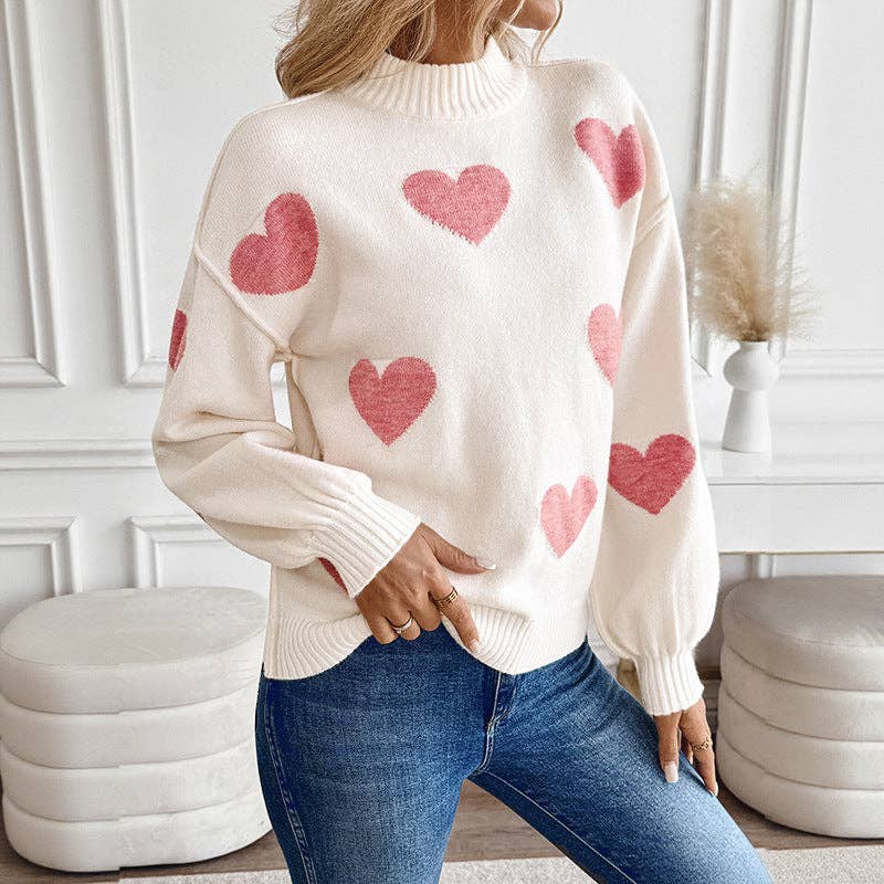 Pink Heart Knit Sweater Half Turtleneck Casual Pullover