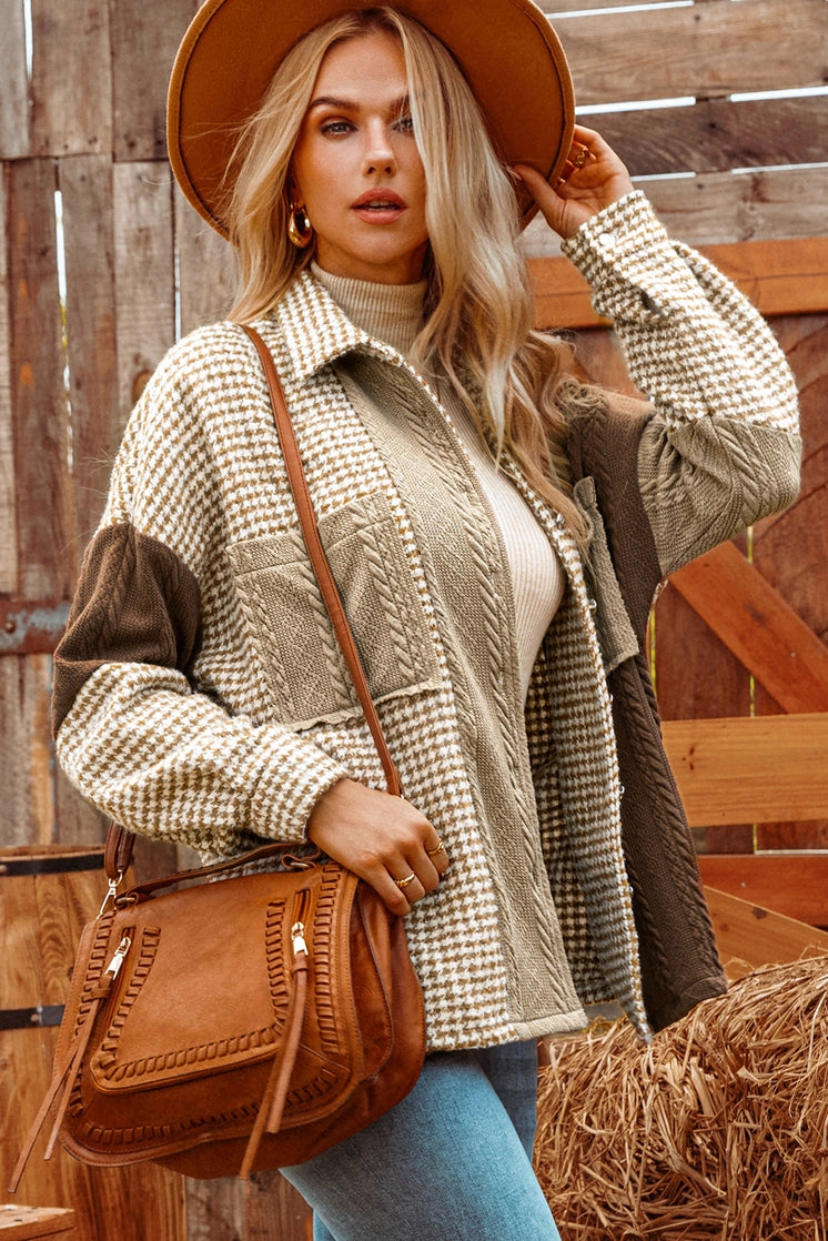 Houndstooth Contrast Texture Patchwork Loose Shacket
