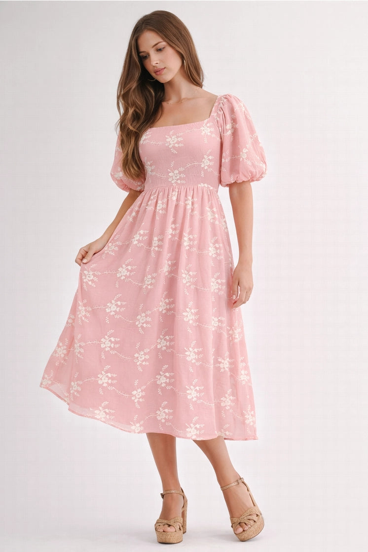 Pink Embroidered Floral Midi Dress