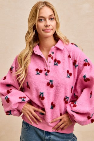 Cherry Patterned Sherpa Snap Buttoned Top