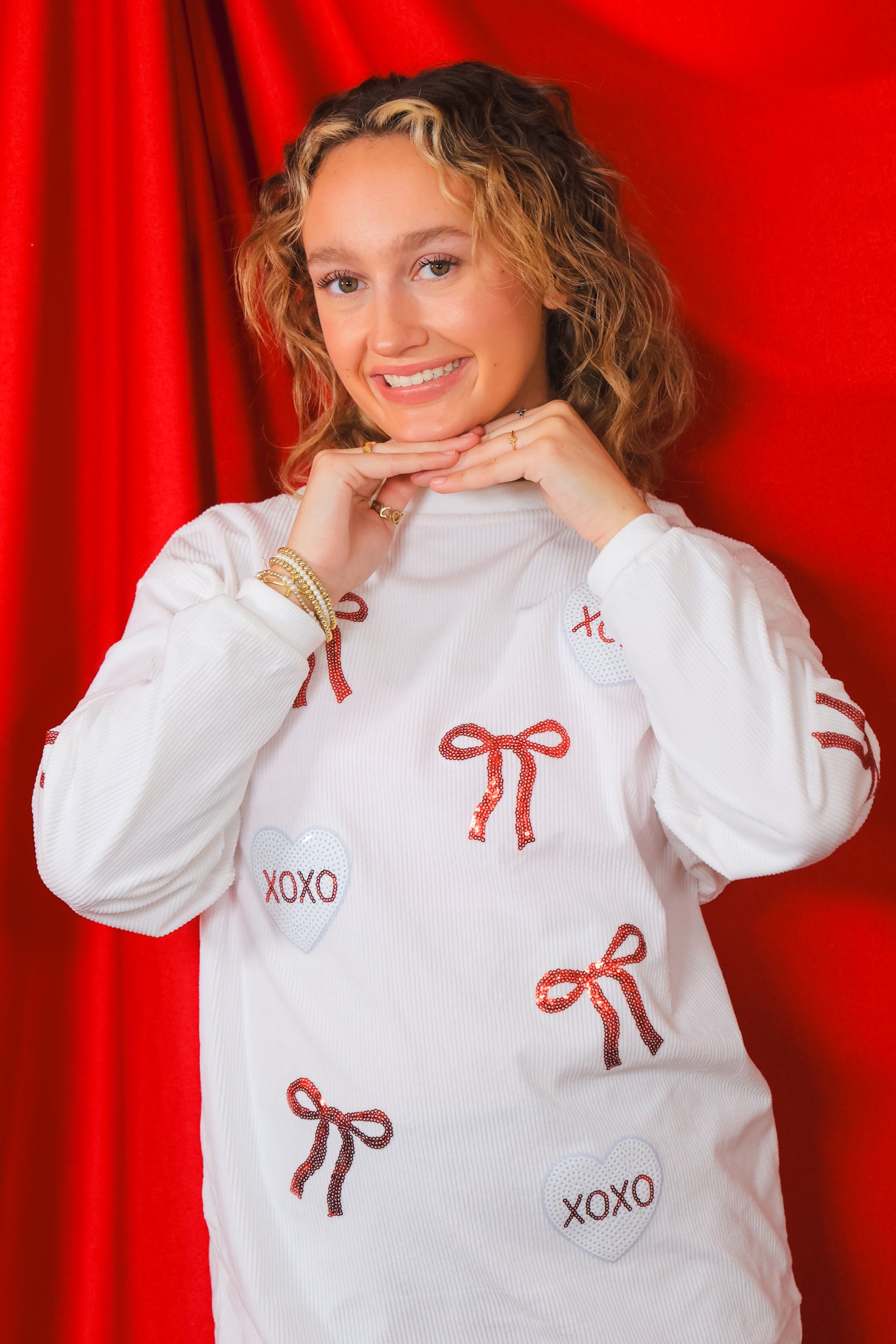 Valentines Bow Xoxo Sequin Patch Corded Sweatshirt