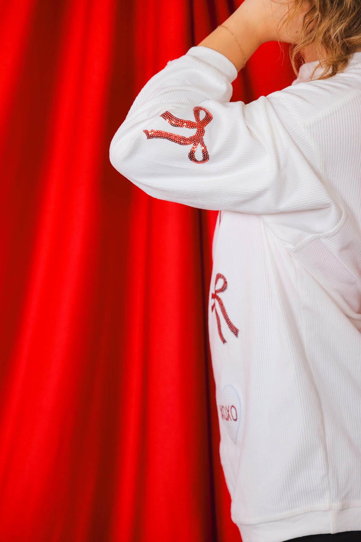 Valentines Bow Xoxo Sequin Patch Corded Sweatshirt