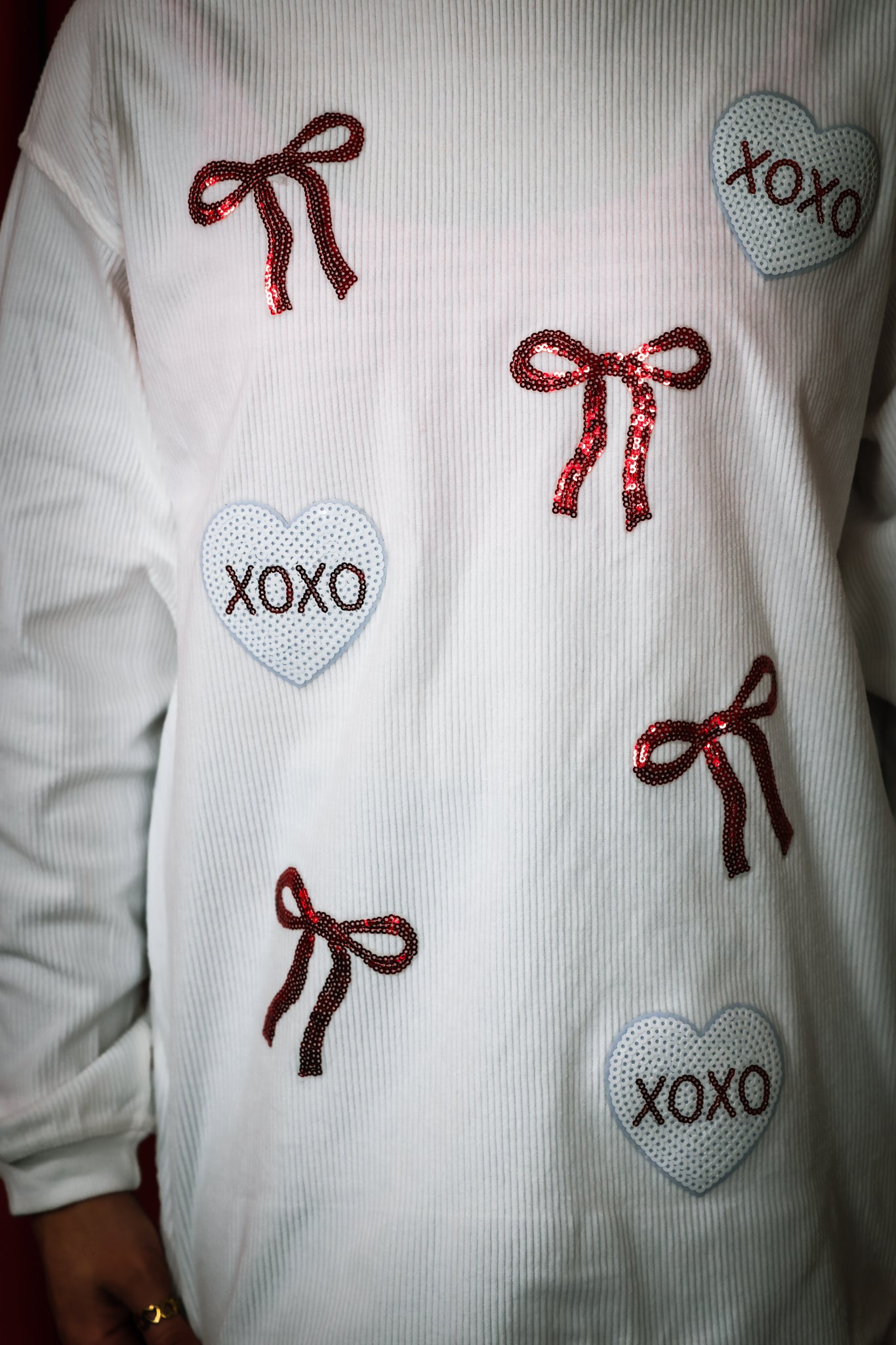 Valentines Bow Xoxo Sequin Patch Corded Sweatshirt