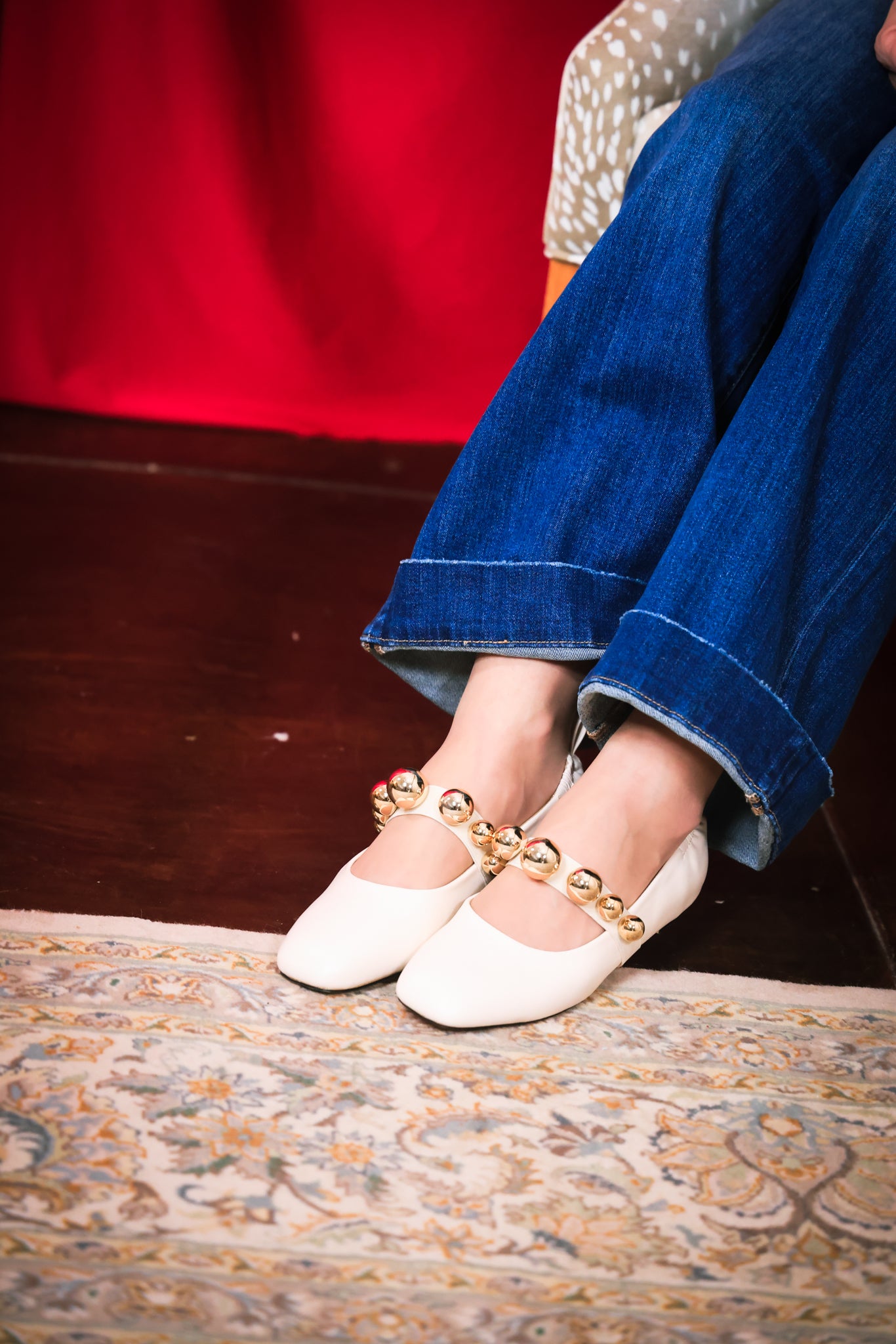 White Mary Jane Shoes with Gold Accents
