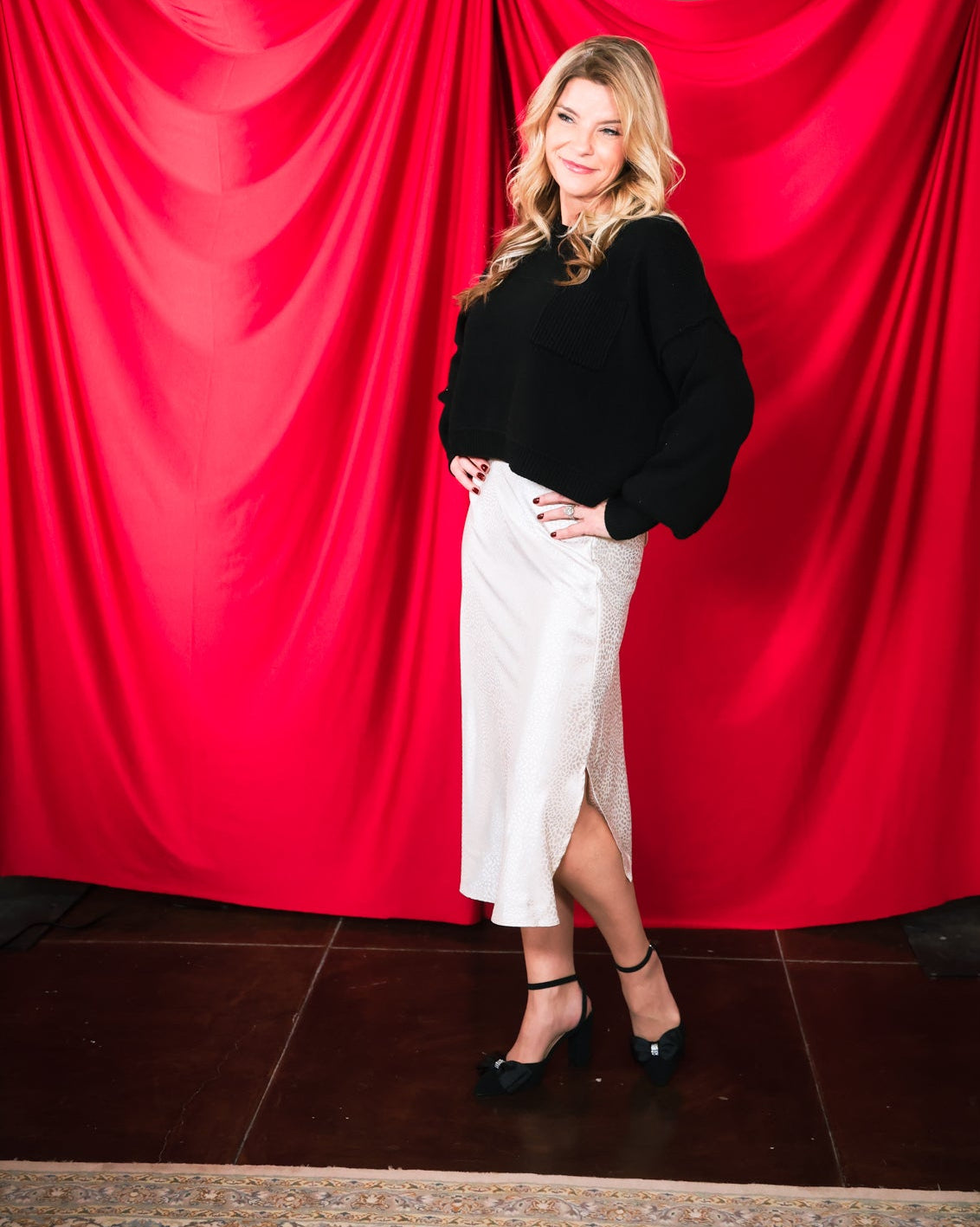 Animal Satin Jacquard Print Elastic Waist Midi Skirt with Slits