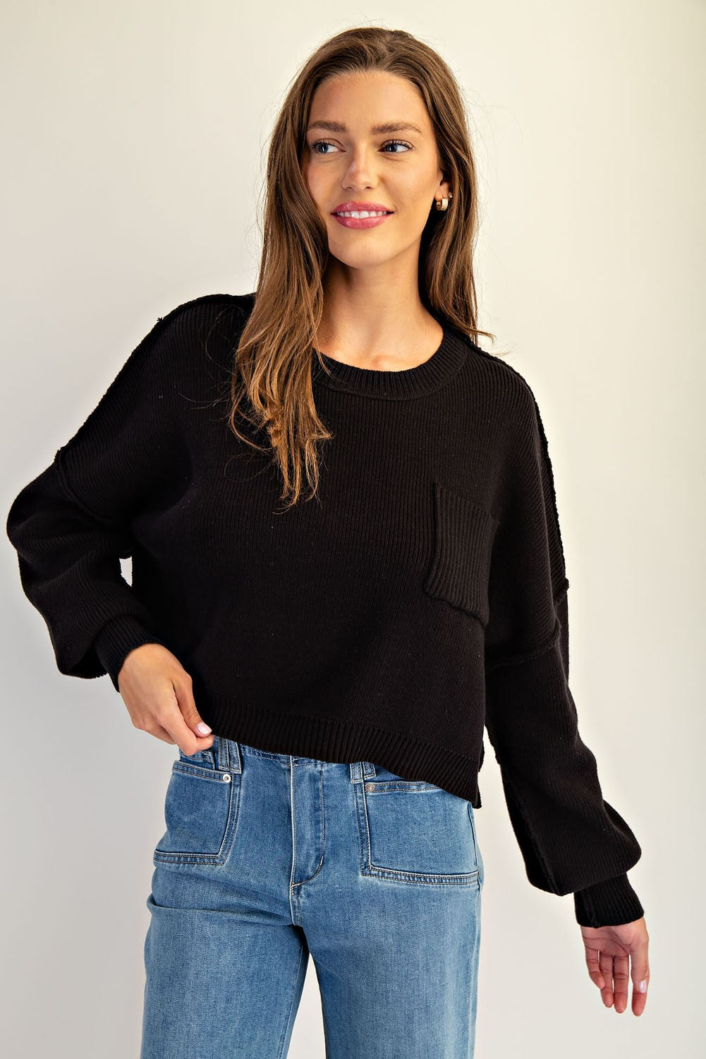 Black Cropped Pocket Sweater