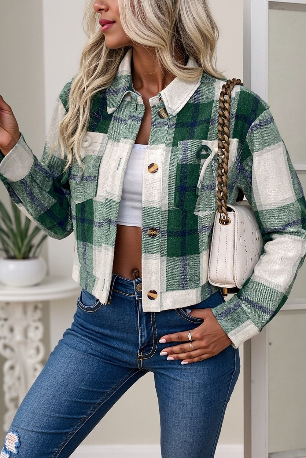 Plaid Short Lapel Plaid Long Sleeve Jacket