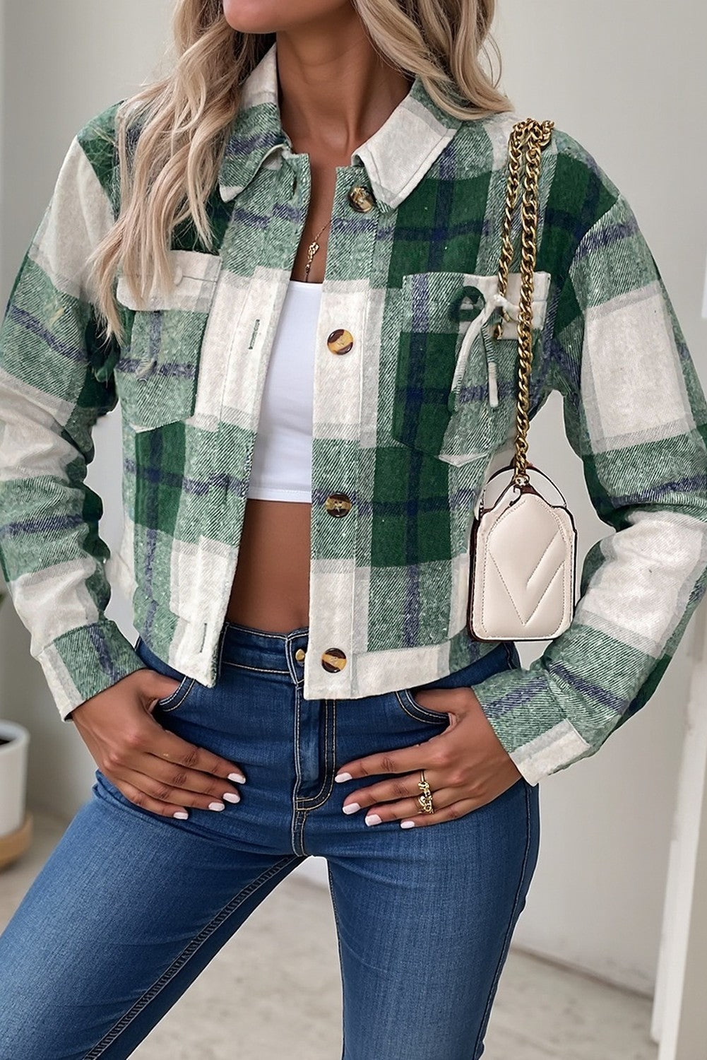 Plaid Short Lapel Plaid Long Sleeve Jacket