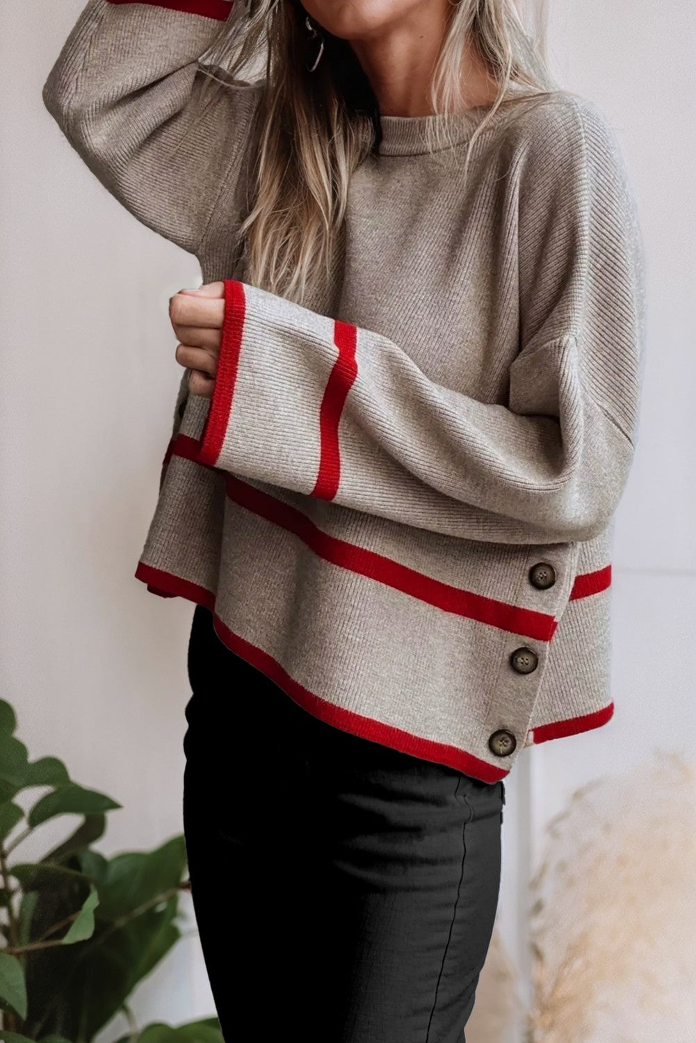 Contrasted Stripe Detail Button Side Loose Sweater 