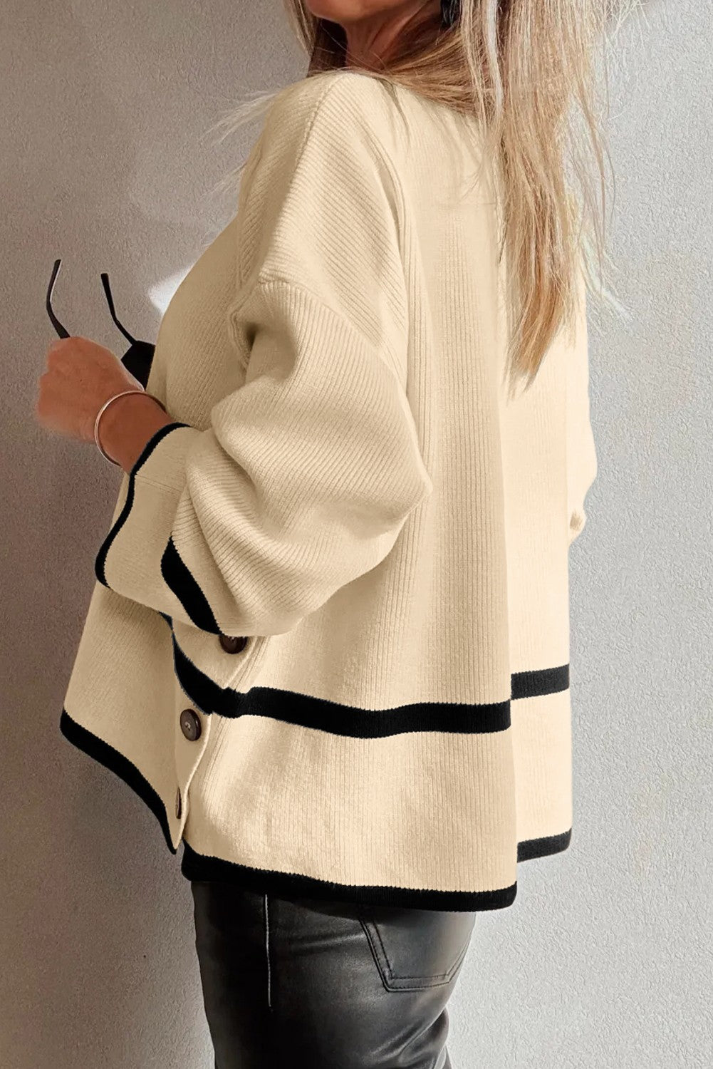 Cream Block Sweater With Side Buttons