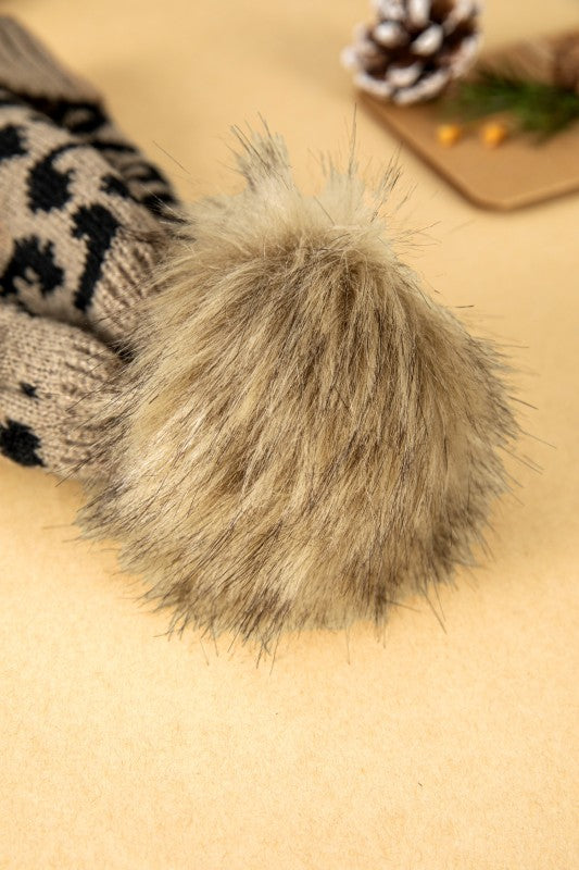 Faux Fur Pompom Leopard Knit Beanie