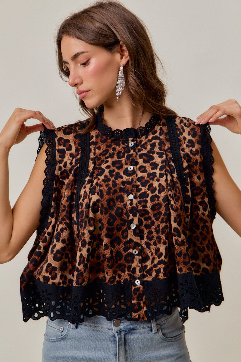 Leopard Lace Trim Blouse