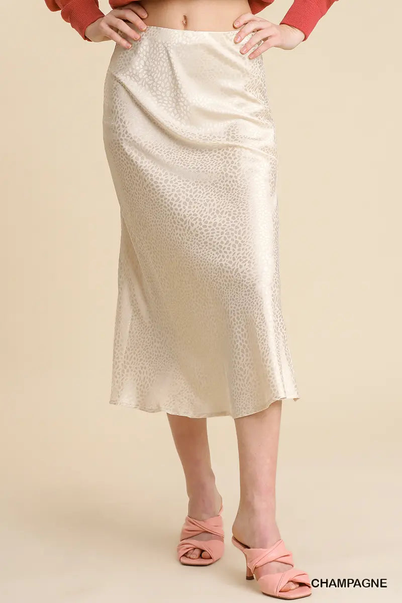 Animal Satin Jacquard Print Elastic Waist Midi Skirt with Slits