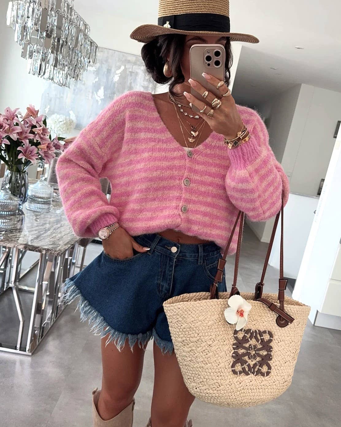 Slouchy Color Block V-Neck Striped Knit Cardigan